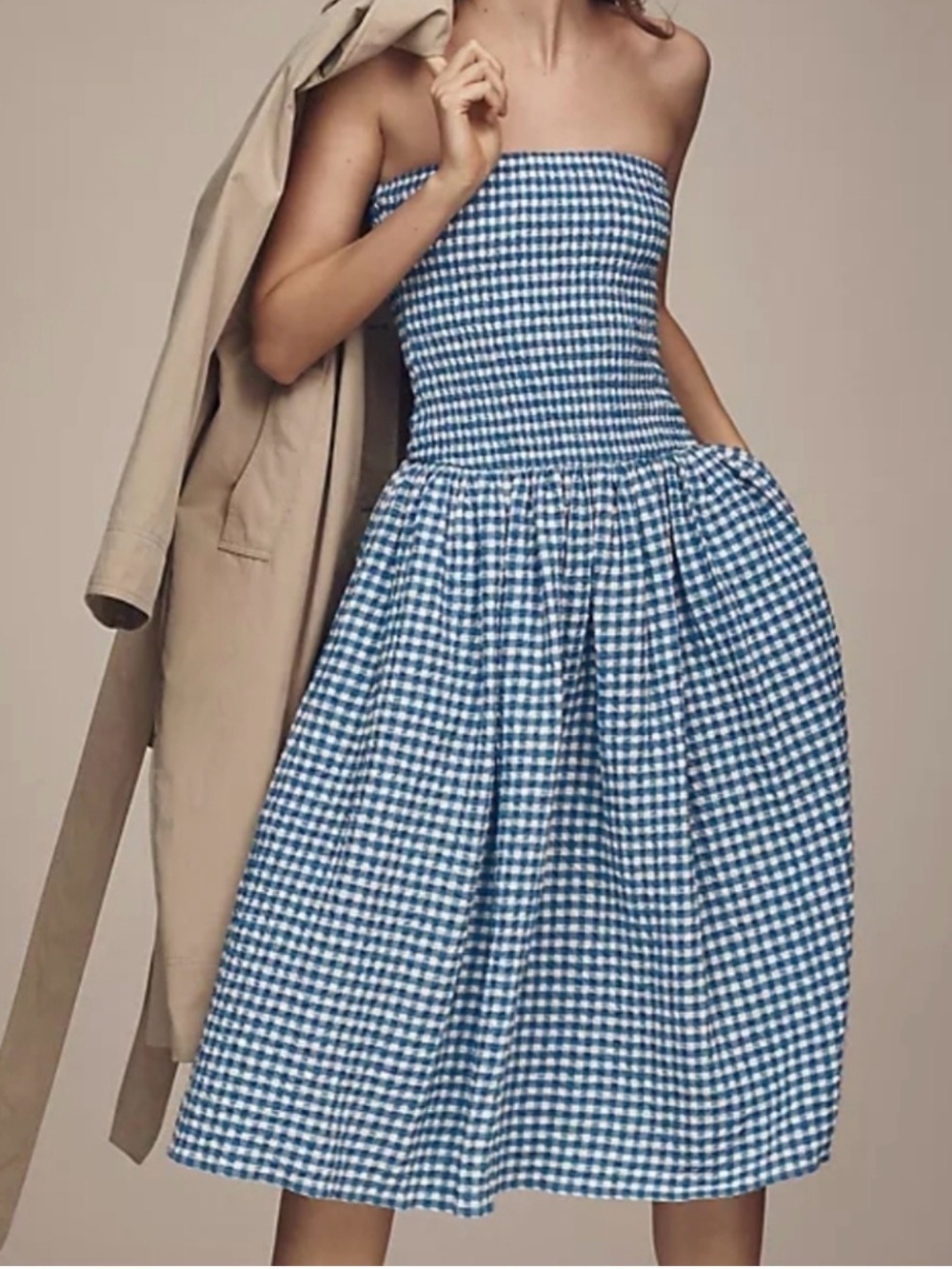 NWT Maeve Blue Gingham Strapless Midi Dress